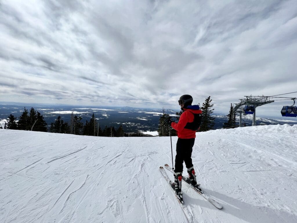 A person on skis in the snow near trees.