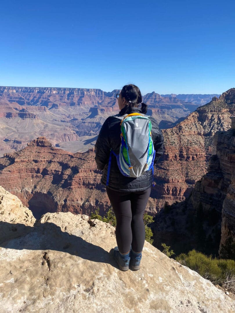 A person standing on top of a mountain with a backpack.