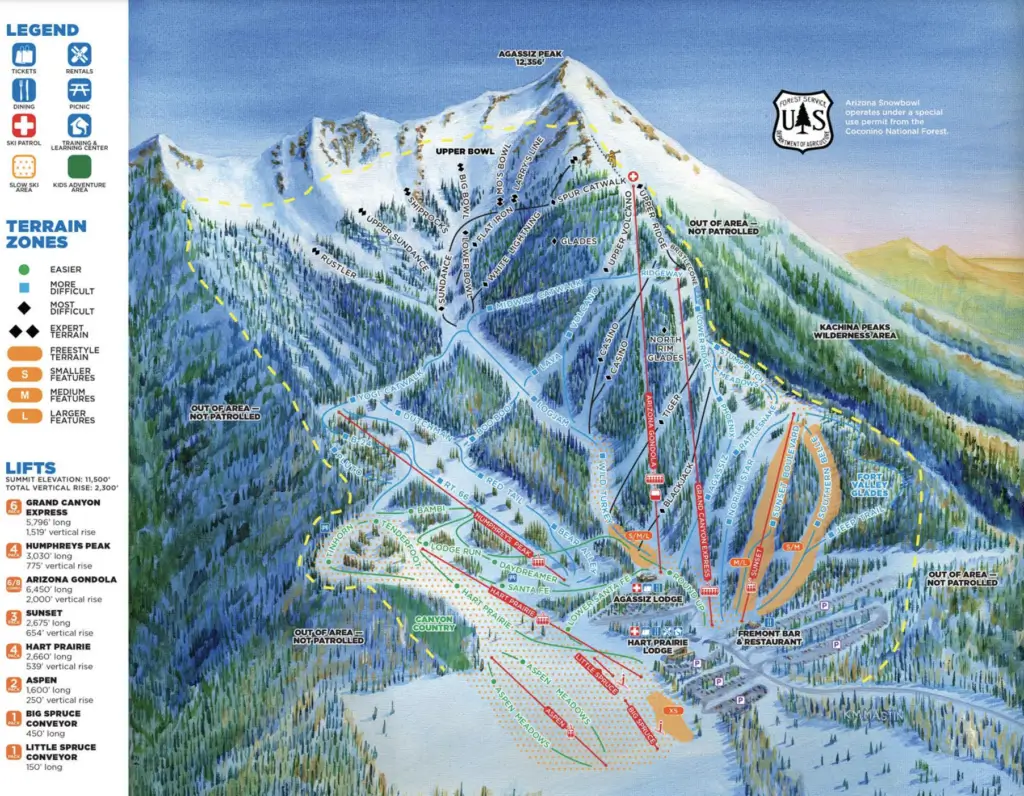 A ski resort map of the mountains with snow.