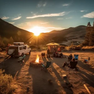 A group of people sitting around a fire in the desert.