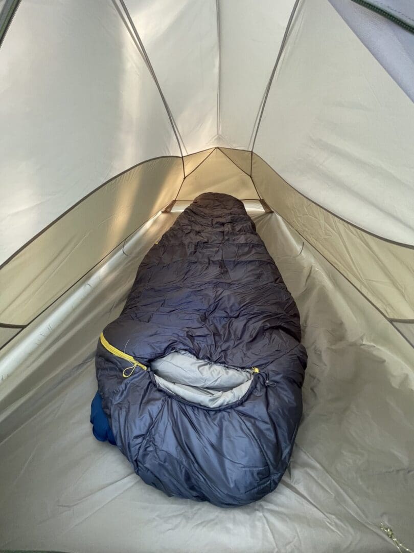 Sleeping bag inside a tent.