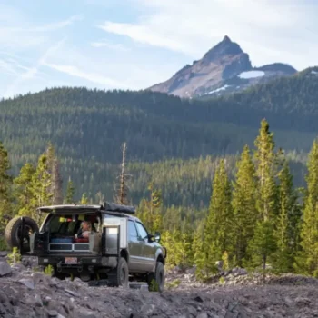 Truck parked in mountain forest.