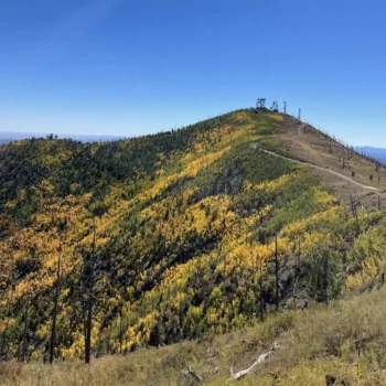 Mountaintop view with autumn foliage and antennas.